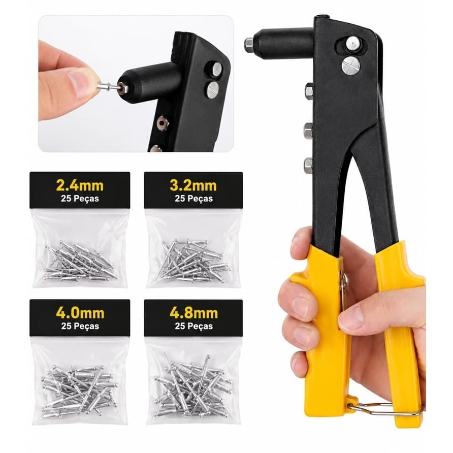 Kit Rebitadeira Alicate 9.5+ 100 Rebites 2.4mm-4.8mm Baumann Profissional + rebites