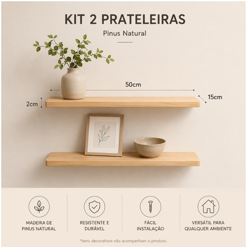 Kit com 2 Prateleiras de Madeira Pinus com Suporte Invisível – Decoração Natural e Minimalista