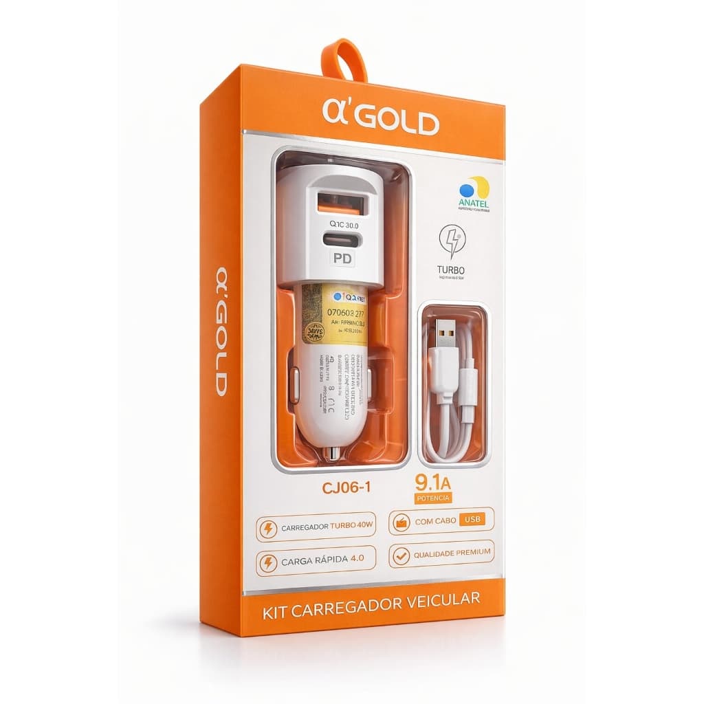 CARREGADOR TURBO VEÍCULAR 40W 9.1A V8 GOLD CJ06-1