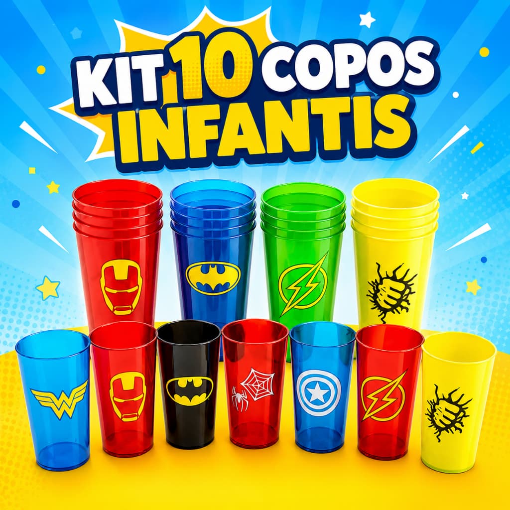 Kit 10 Copos Acrílicos Infantis 500ml Super-Heróis Sortidos para Festa
