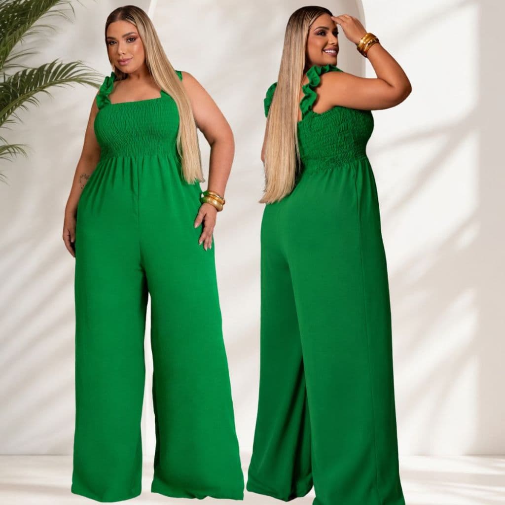 Macacão Longo Pantalona Plus Size Feminino Elegante Casual Moda Maior veste do 44 ao 56. Crepe Dunas Confortável Chic.