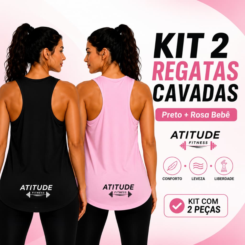 Kit 2 Regatas Cavadas Femininas Fitness Visco Lycra Costas Nadador Preto Rosa Academia