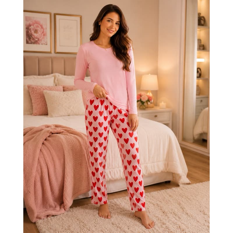 Pijama longo rosa coração inverno