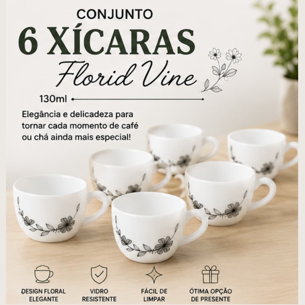 Conjunto 6 Xícaras Florid Vine 130ml Vidro Branco Fratelli Jogo Para Café