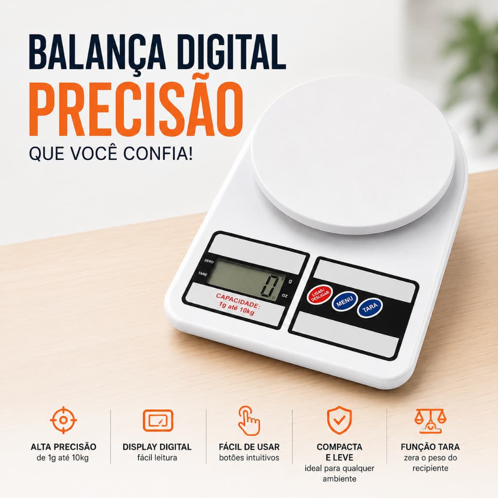 Balança Digital Cozinha Alta Precisão Fitness 1g a 10kg Versátil Confeitaria