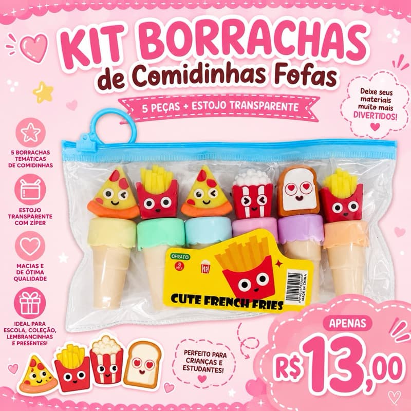 Kit 5 Borrachas de Comidinhas Fofas Infantil com Estojo Transparente Escolar
