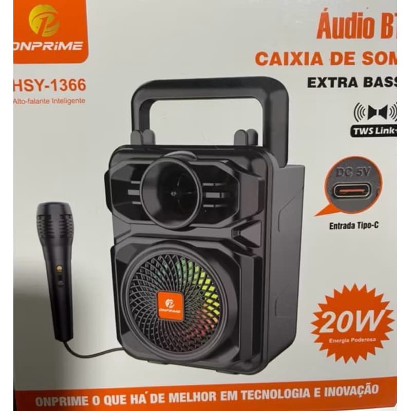 Super Caixa de som Hsy-1366 Bluetooth FM potencia 20W TWS acompanha microfone Extra Bass plug tipo C