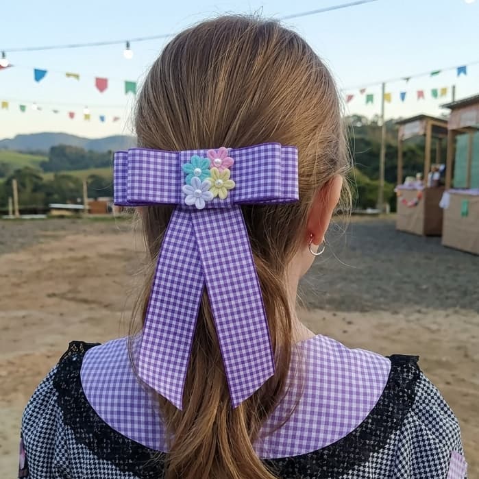 Laço Xadrez Lilás 1 Uni Lacinho Com Pontas Infantil Bebê Menina Roxinho
