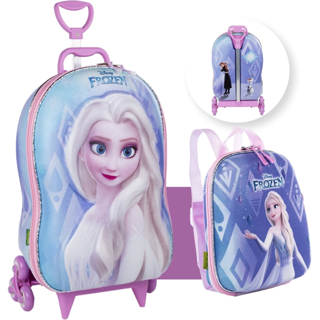 Kit Mochila 3d Elsa De Rodinhas E Lancheira Infantil Frozen Azul