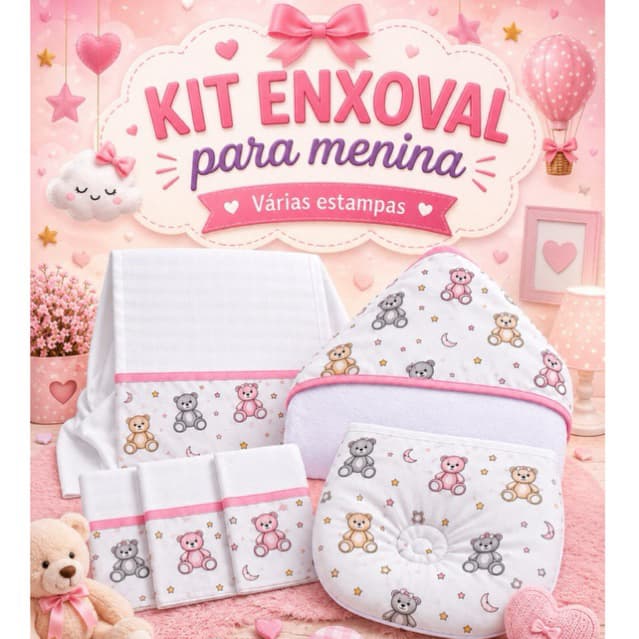 Kit Enxoval bebê Menina 1 Toalha de banho 3 fraldas De Boca 1 Fralda De Ombro e 1 Travesseiro Anatômico 100%Algodão