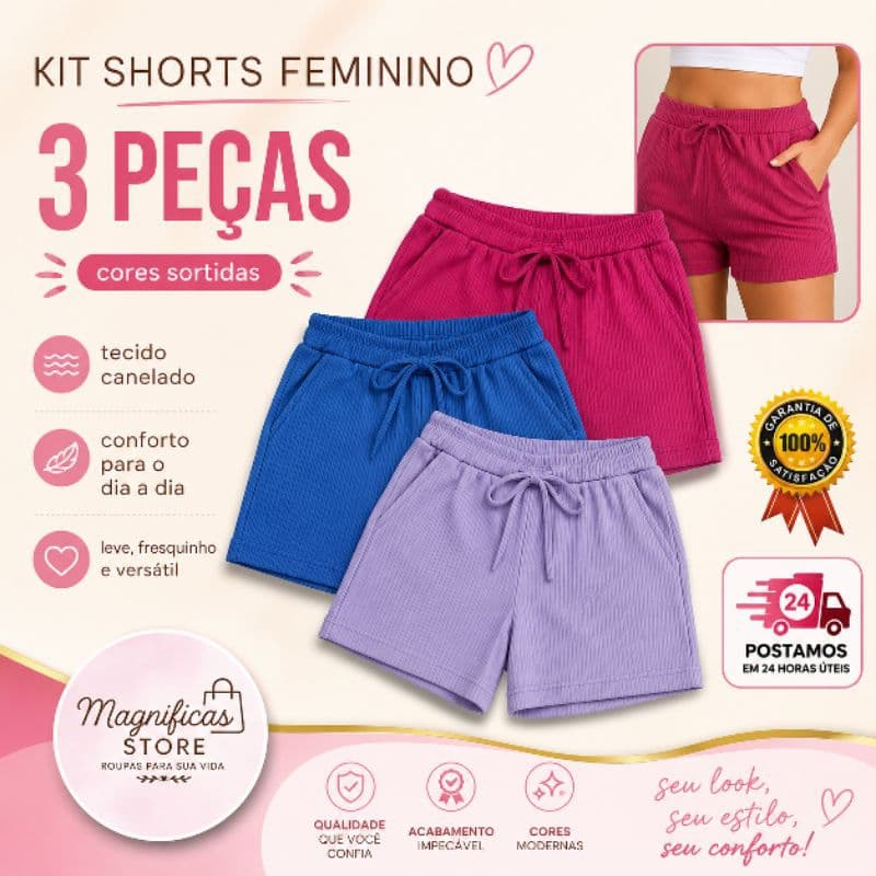 Kit 3 shorts canelado feminino bermuda canelada feminina