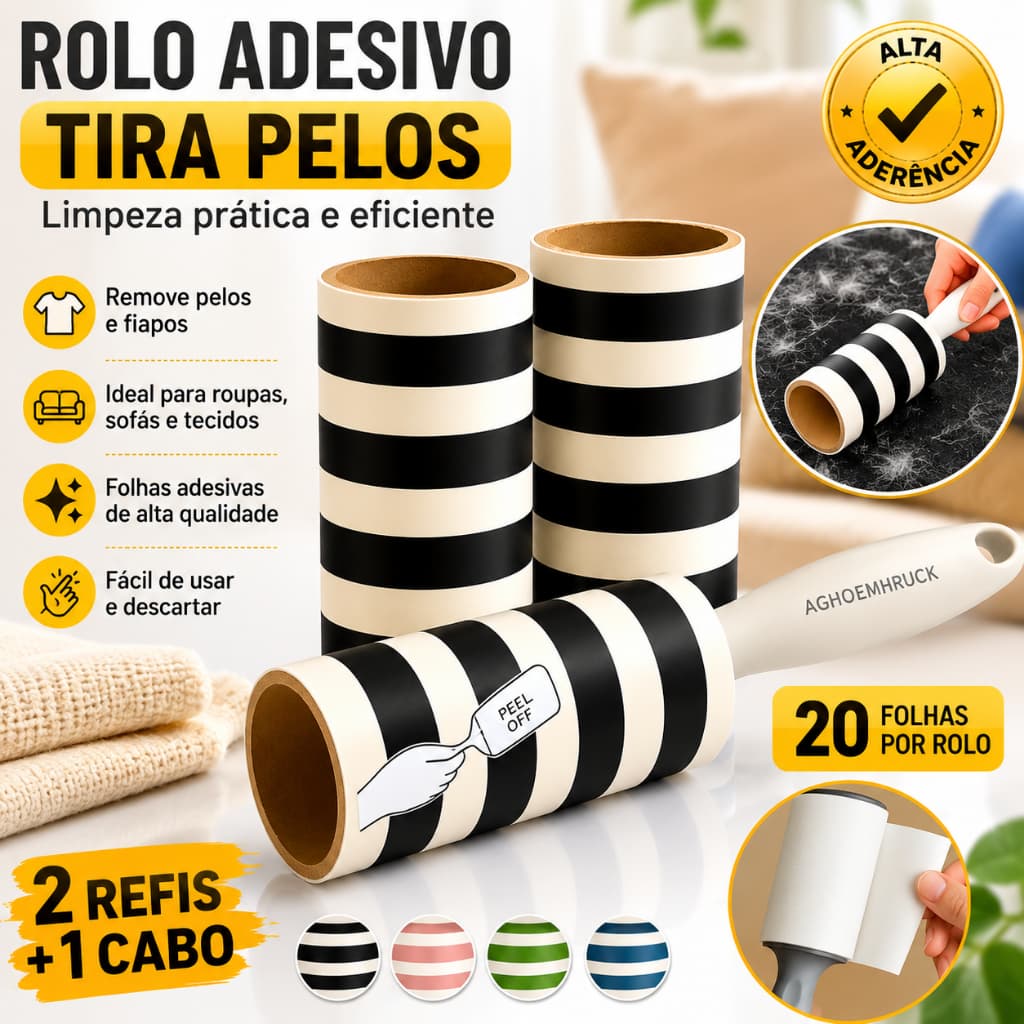 Rolo Adesivo Tira Pelo Limpa Roupa Sofá Cama Pet 20 Folhas + 2 Refis Estampas Variadas
