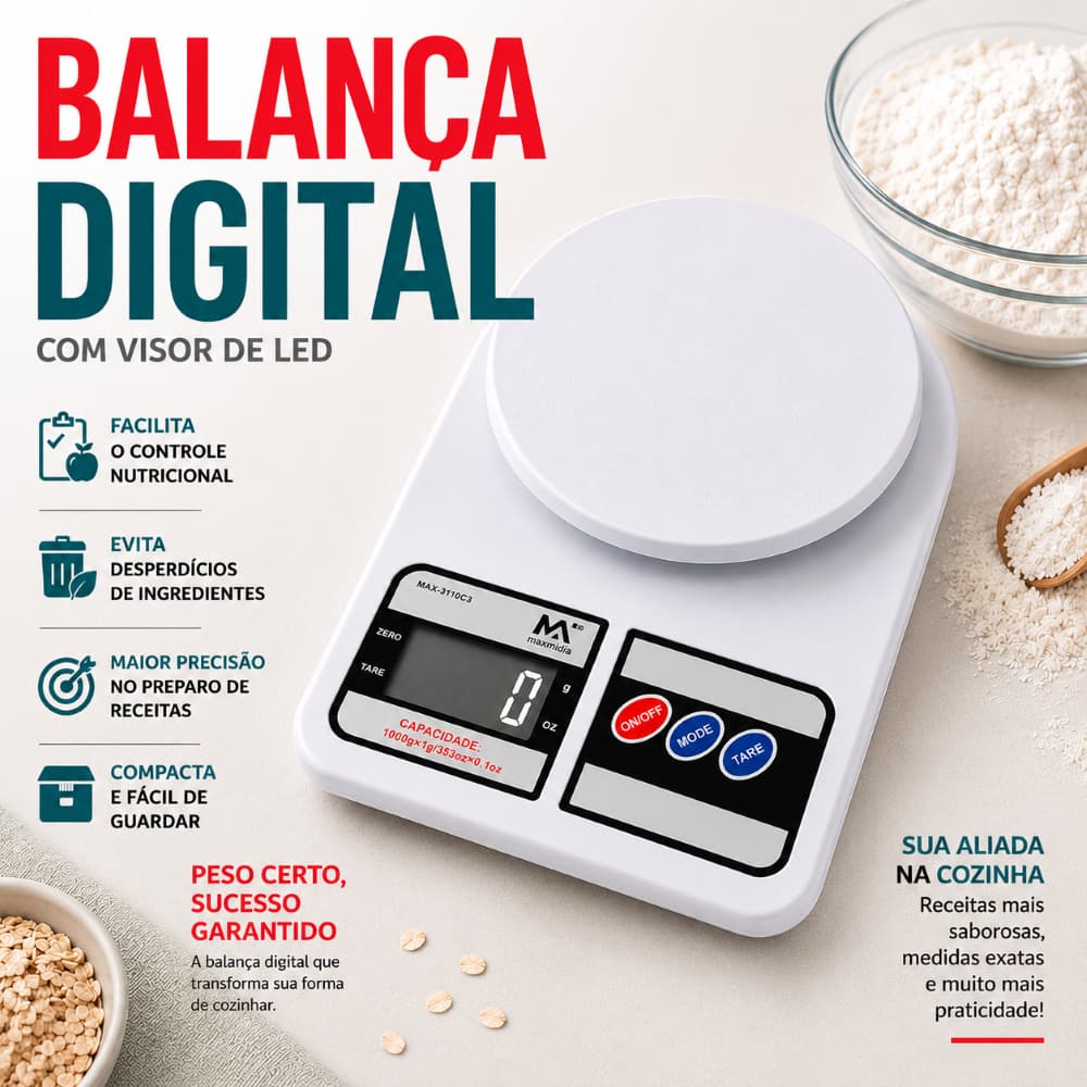 Balança Digital de Cozinha Maxmidia, Capacidade Máxima de 10 Kg e Precisão 1 grama, Pesagem de Alimentos, Visor Digit