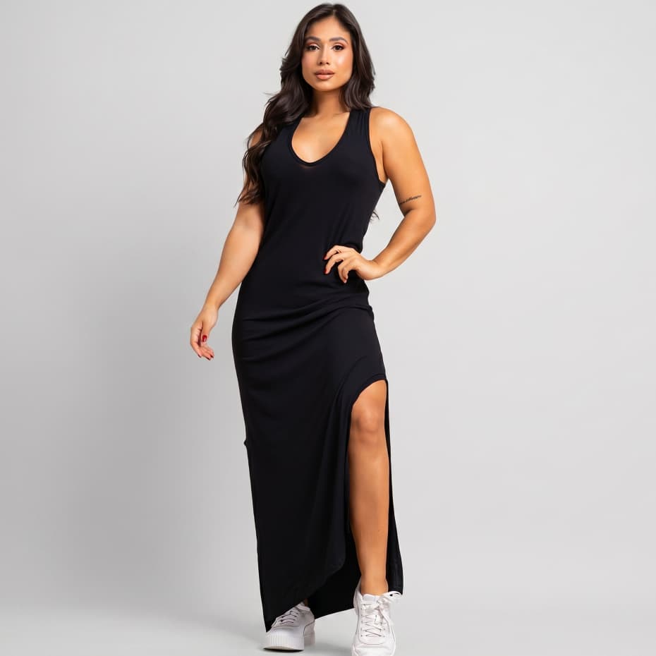 Vestido Longo Feminino Viscolycra Regata Com Fenda Lateral Não Marca Não Amassa Casual Confortável