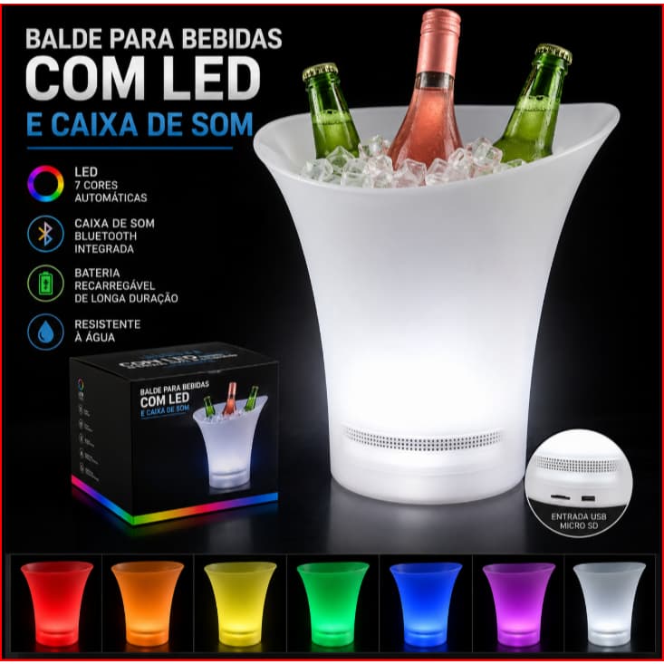 Balde Led Iluminado Caixa Som Bluetooth Para Bebidas Festa Boteco Bar