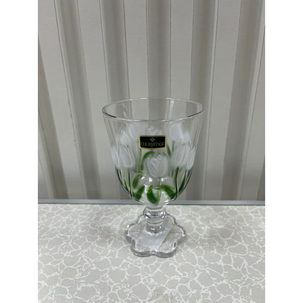 Jogo De 6 Taças Tulipa Cristal. - Transparente Com Detalhe Verde. - 14cm. - 280ml. - L'Hermitage