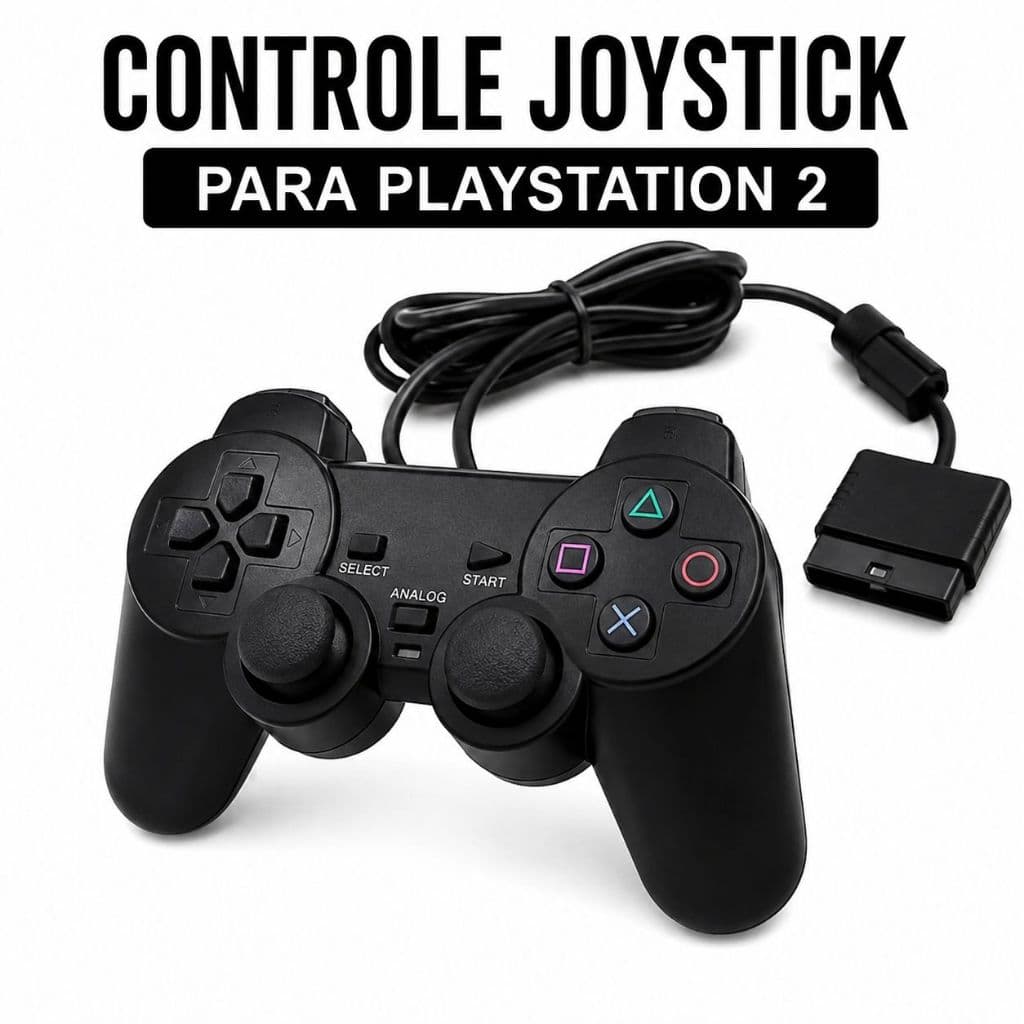 Controle PS2 com Fio Analógico Joystick PlayStation 2 Ergonômico Plug and Play Cabo 1,5m Preto