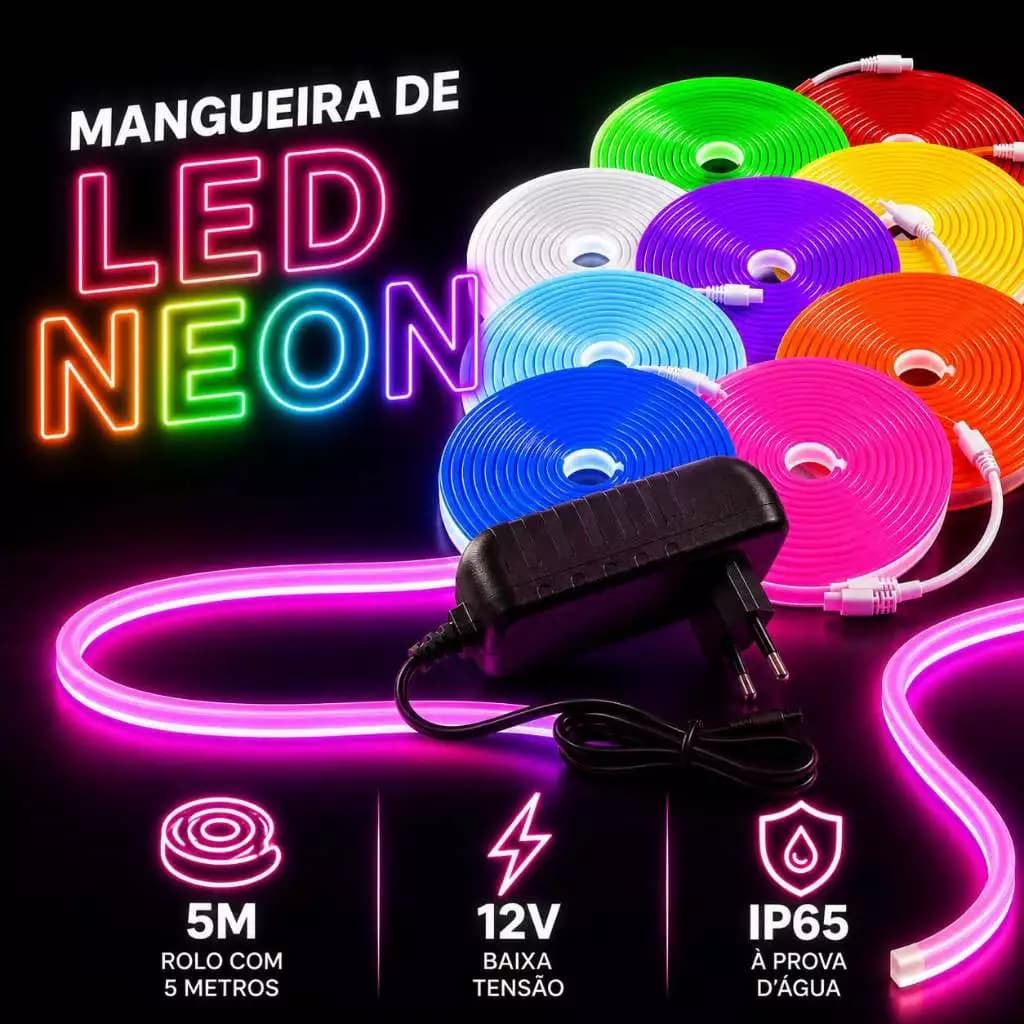 Mangueria de Led Neon Flex Luminosa com Fonte Plástica 5 amperes Rolo 5 metros 12 volts IP65
