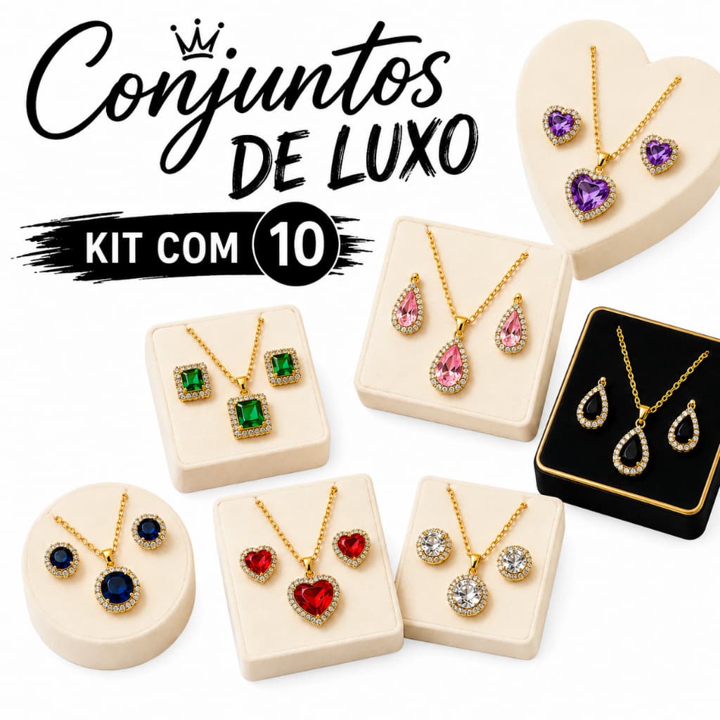 Kit com 10 Conjuntos de Luxo 💎 Folheados | Colar e Brinco com Pedras Coloridas