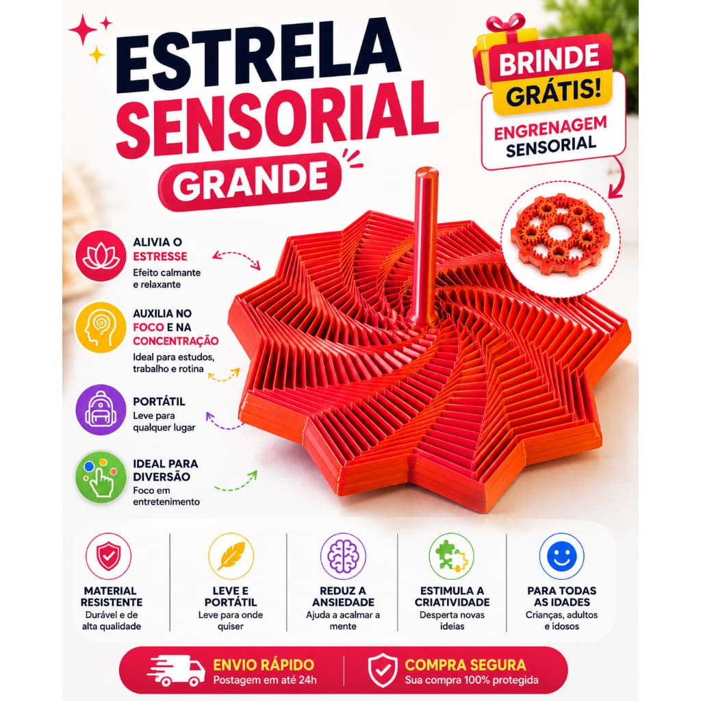 Estrela Sensorial Grande Fidget Anti Estress Alívio + Brinde