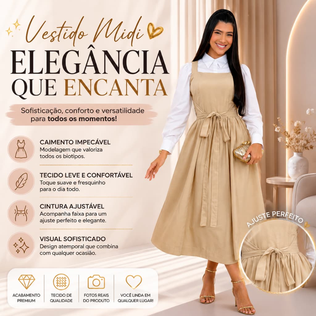 Vestido Midi Crepinho Feminino Ajustável Trabalho Passeio Visual Sofisticado Sem Transparência