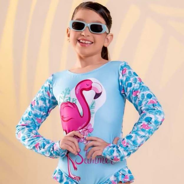 Maiô Infantil  Manga Longa Proteção Solar 50+ com Babado Flamingo Unicornio Praia Piscina