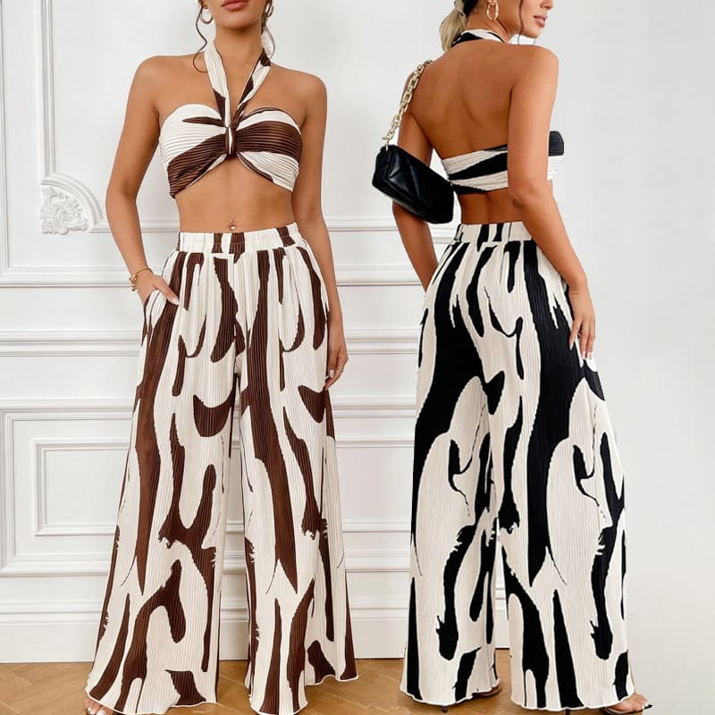Conjunto Feminino Top Halter Estampado Calça Pantalona Plissada Estilo Verão Casual
