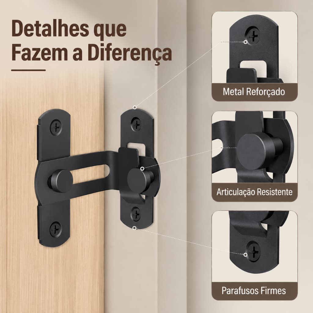 Trava Tranca Angular 90° Graus Aço Preto Fosco - Fechadura L Gaveta Porta Janela Portão Armário