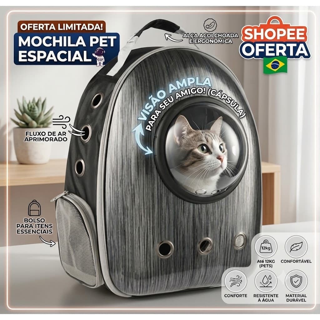 Mochila Bolsa Pet 5kg Visão Panorâmica para Pet Cachorro Gato Tecido Oxford Acrílico ventilada e bolso