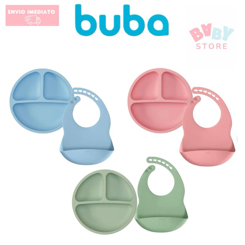 Kit Refeição Infantil em Silicone Buba 3 Peças: Babador, Prato Com Divisória e Colher Introducão Alimentar