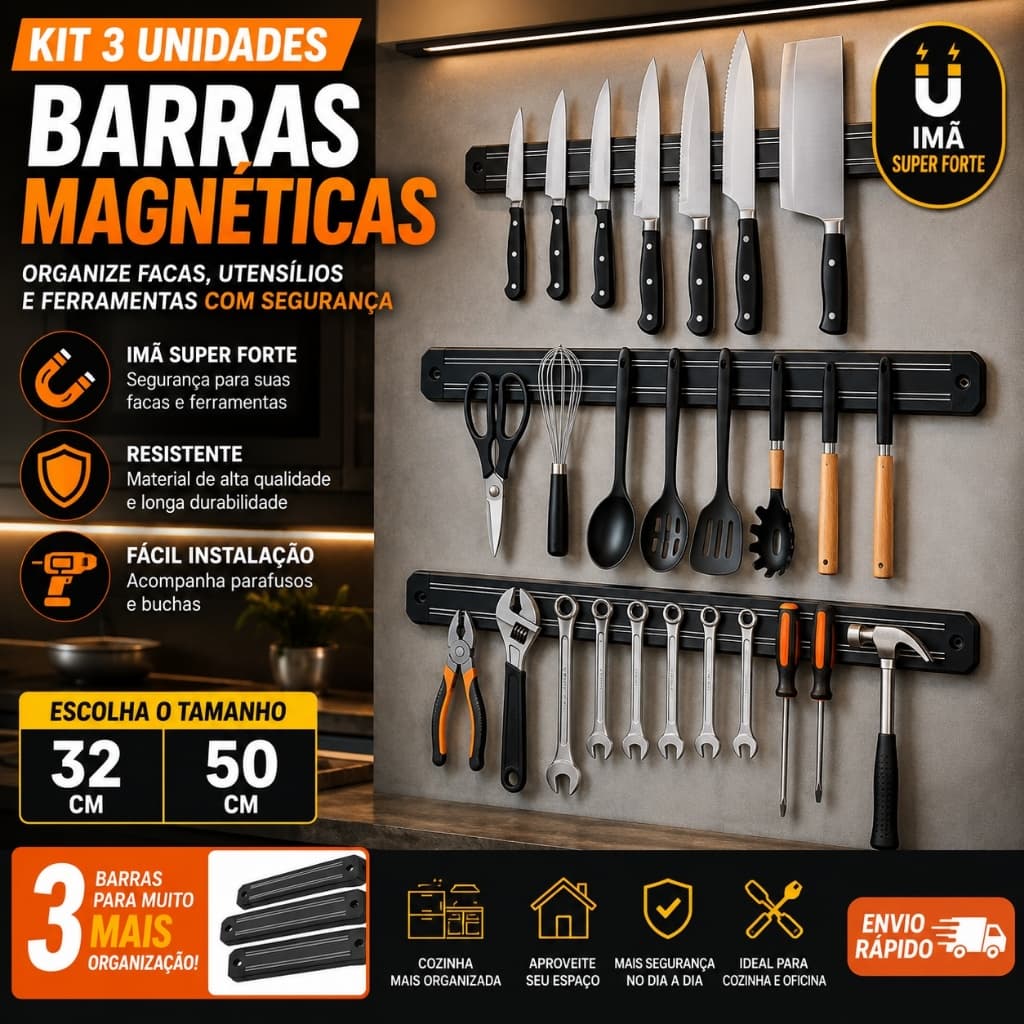 Kit Barras Magnéticas Facas Imã Suporte Cozinha Ferramentas Parede 33cm 50cm Organizador