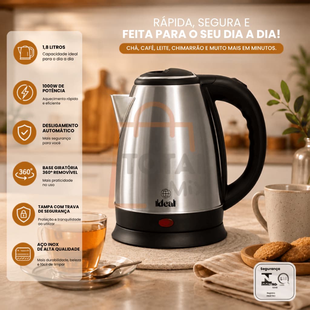 Chaleira Elétrica Inox 1,8L 1000W 127V Desligamento Automático Base 360°