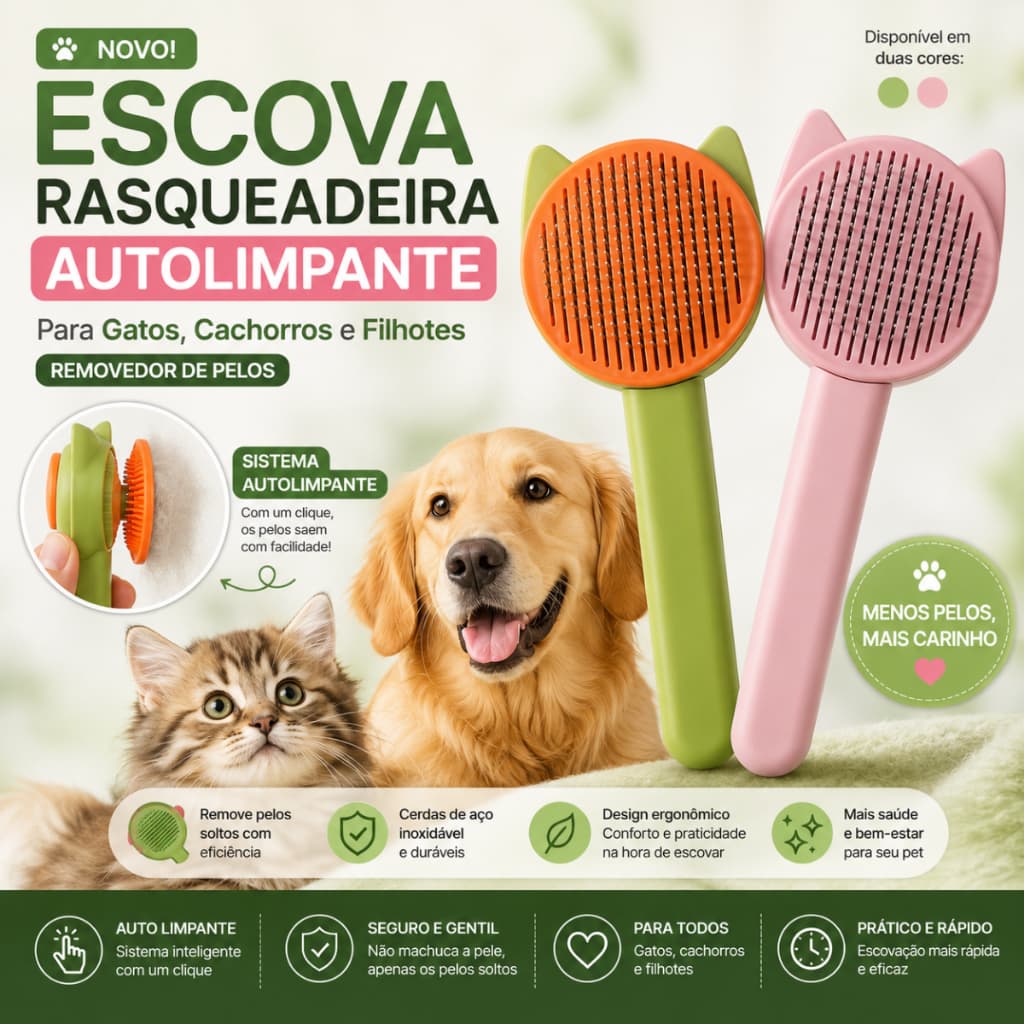 Escova Rasqueadeira Autolimpante para Gatos, Cachorros e Filhotes | Removedor de Pelos