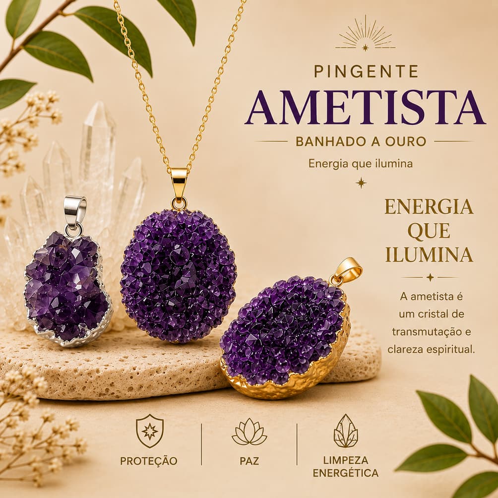 Pingente Ametista Drusa Natural Bruta  Pedra Cristal Proteção Paz Energia Premium Luxo