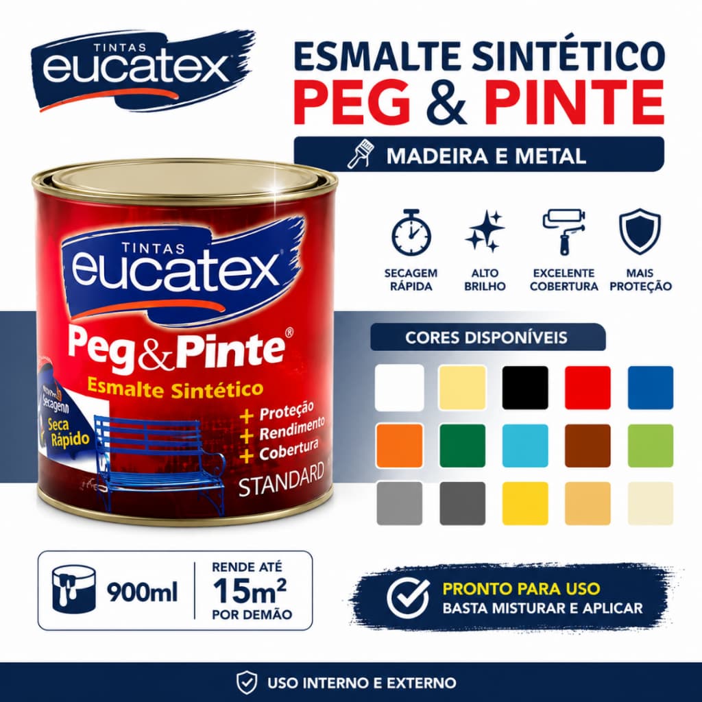 Esmalte Sintético Eucatex Peg & Pinte Brilhante 900ml Madeira Metal Ferro Portão Porta