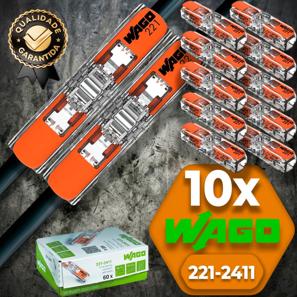 Conector de Fio Elétrico Wago Conector Wago 221-2411 Emenda 4mm² conexão automática Kit 10 peças