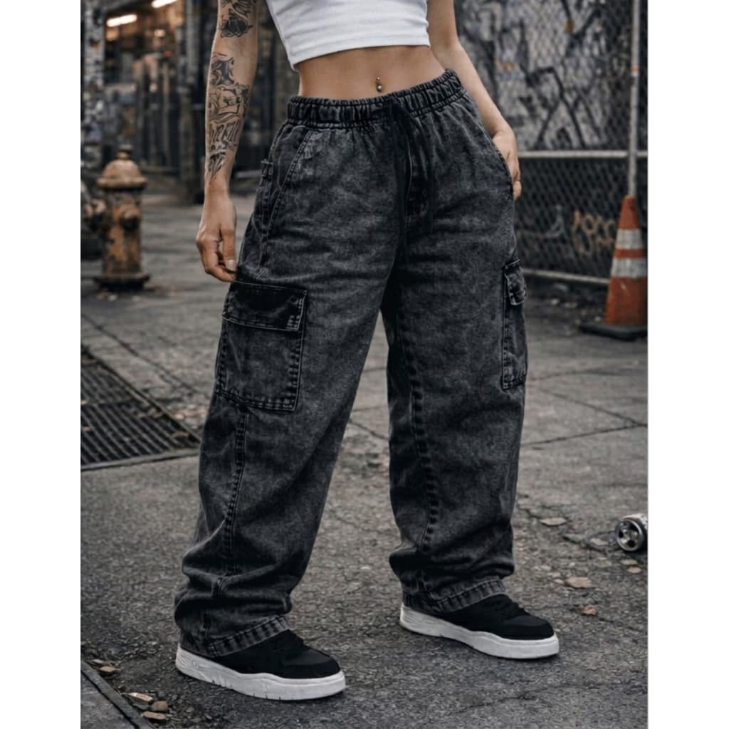Calça Cargo Jeans Feminina StreetWear Baggy Grafite Preto Estonado