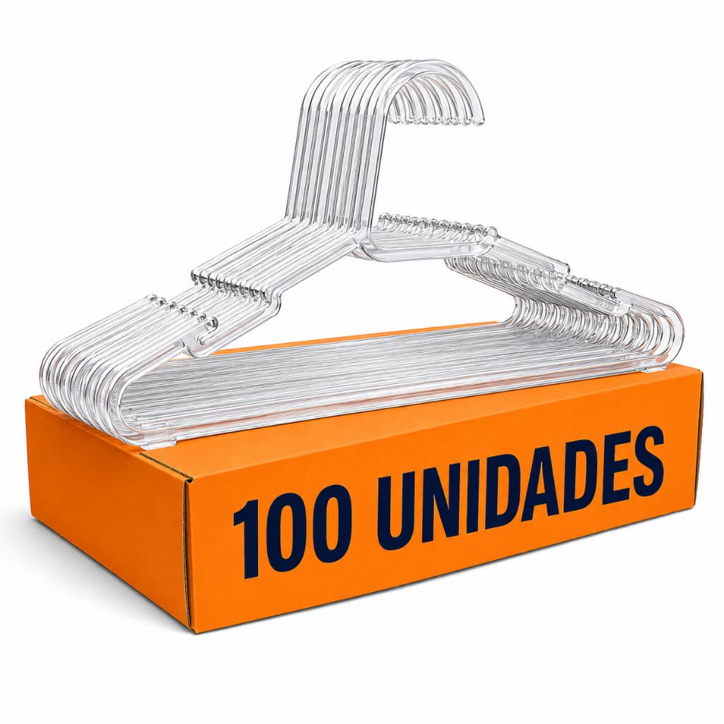 Kit com 100 Cabides Adulto Acrílico Transparente Organizador Roupa