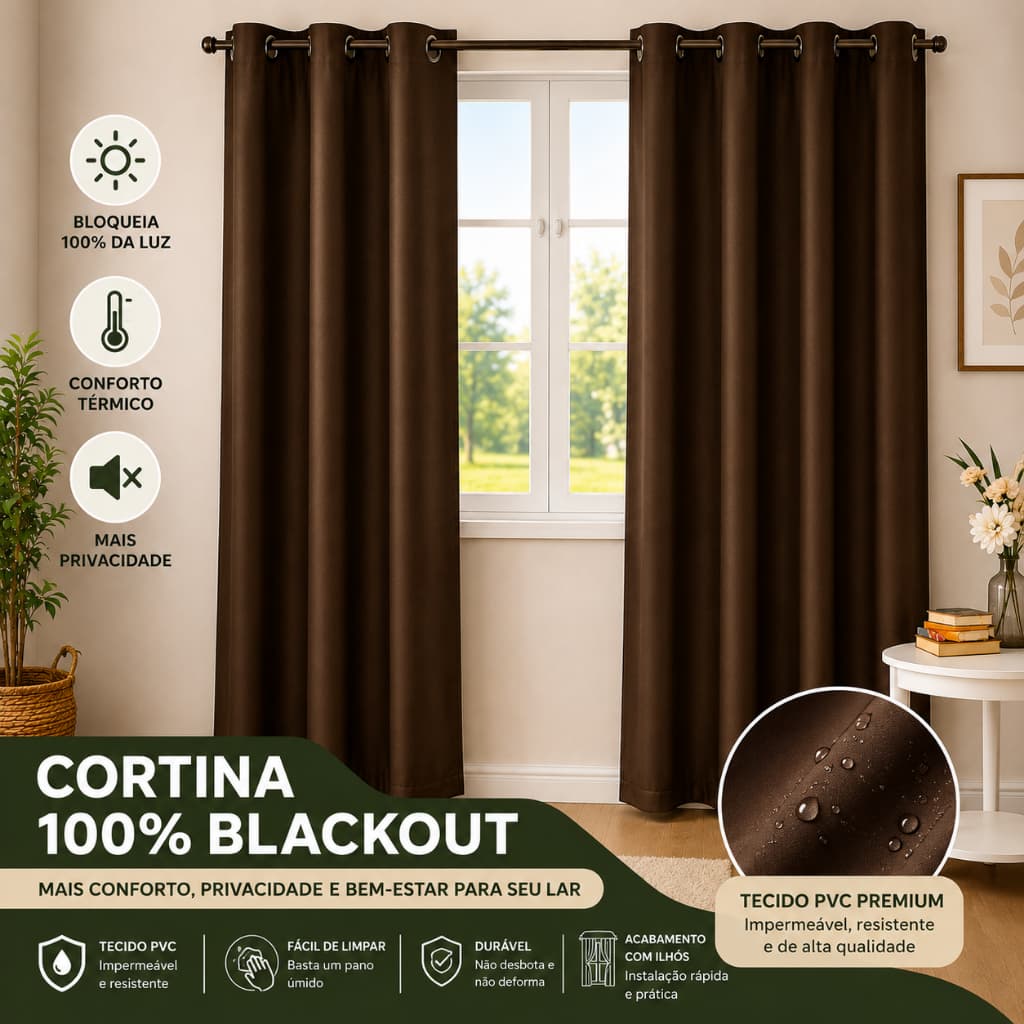 Cortina 100% Blackout PVC Corta Luz Isola Som, Calor, Luz
