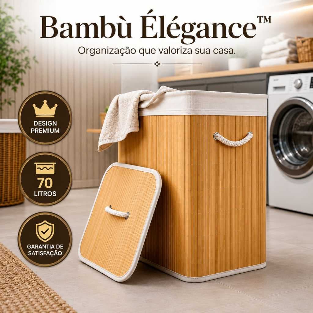 Cesto Organizador de Bambu 70L com Tampa e Alças | Roupa Suja Lavanderia Banheiro Quarto Grande Resistente
