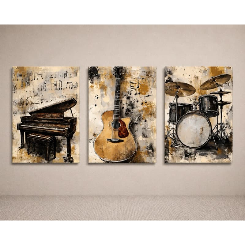 Kit 3 Quadro Decorativo Moderno Instrumentos Musicais Guitarra Piano Bateria Quadros decorativos elegantes grande sala