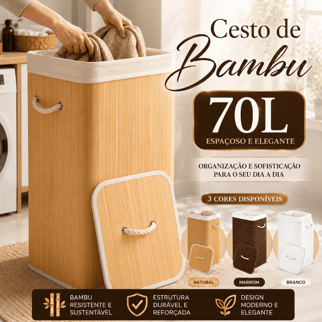 Cesto Bambu com Alças Tampa 70L- Bambu Marrom e Branco Roupa Suja Lavanderia Dobrável Retangular Grande Multiuso Forro