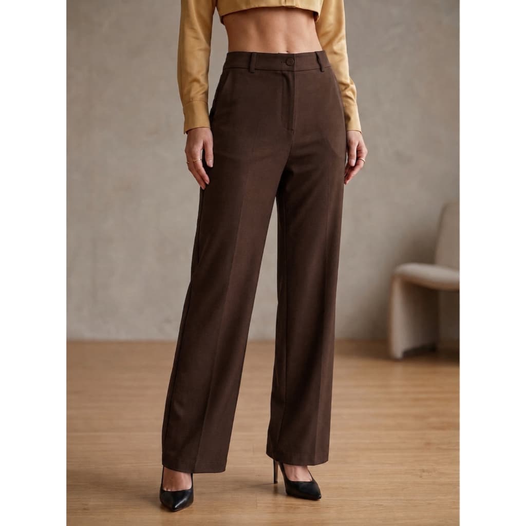 Calça Alfaiataria Pantalona Feminina Wide Leg Cintura Alta com Botão Ziper