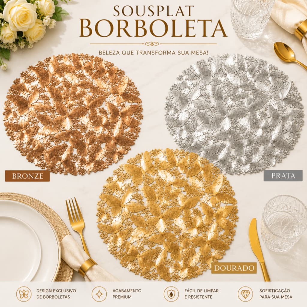 Sousplat Borboleta 3D Luxo Decorativo Mesa Posta Elegante Jogo Americano Premium
