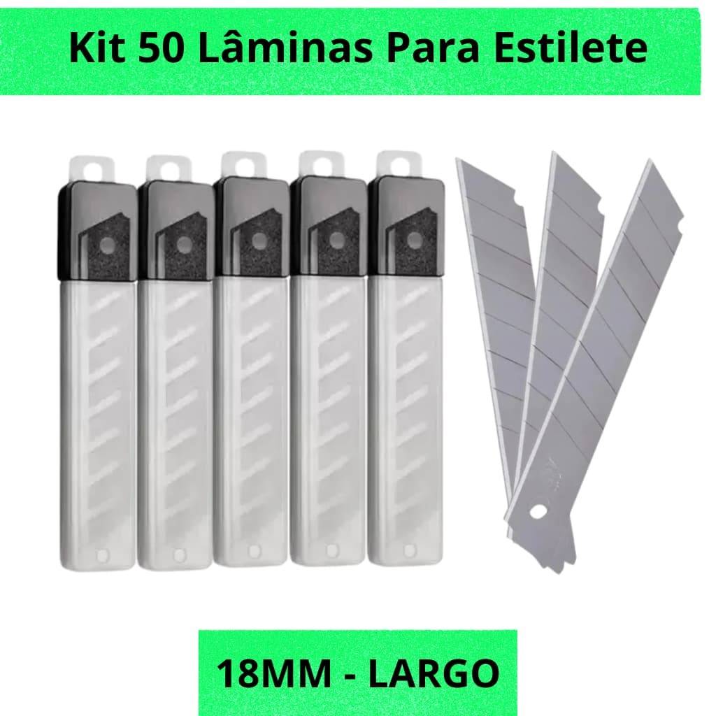 Kit 50 Lâminas Para Estilete 18mm Largo Grande Aço Reposição Universal Resistente