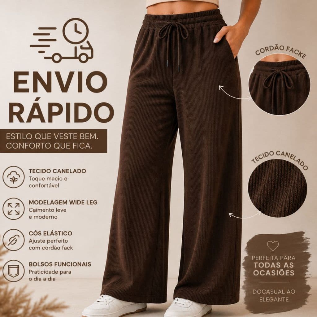 Calça Canelada Feminina Com Bolso/Calça Pantalona Anarruga Cintura Alta Elástico Confortável