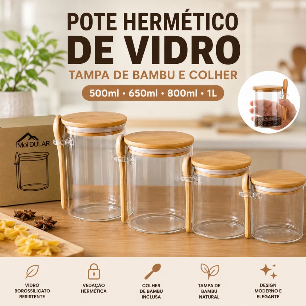 Pote de Vidro borossilicato Hermético com Tampa e Colher de Bambu Moldular – Mantimentos, Cozinha, Armazenar Alimentos
