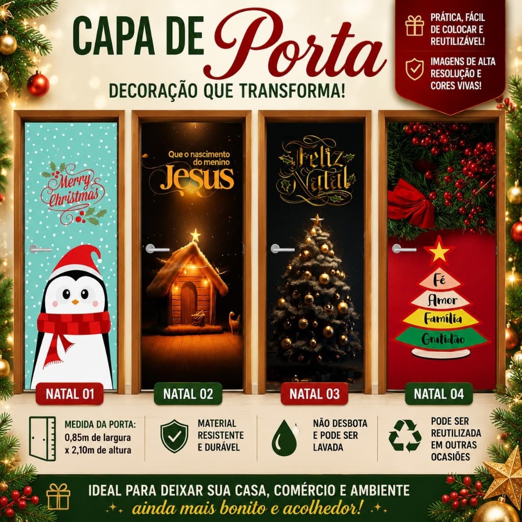 CAPA DE PORTA NATAL - Decoração Natalina - Evangélica - Nascimento de Cristo - 0,85x2,10m - Alta Resolução