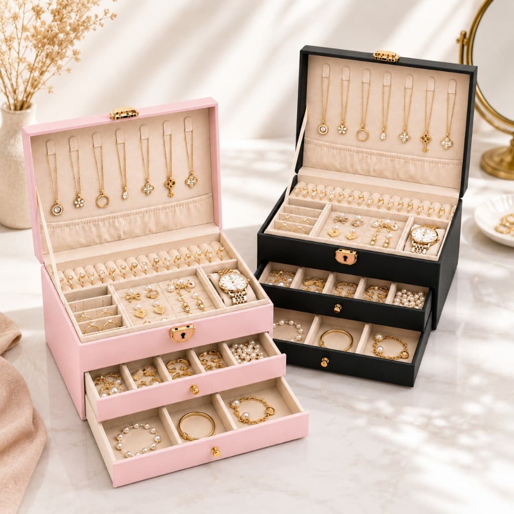 Porta Joias Luxo 3 Andares Com Chave Organizador maleta Anéis Brincos Colares Pulseiras  Eps-8240