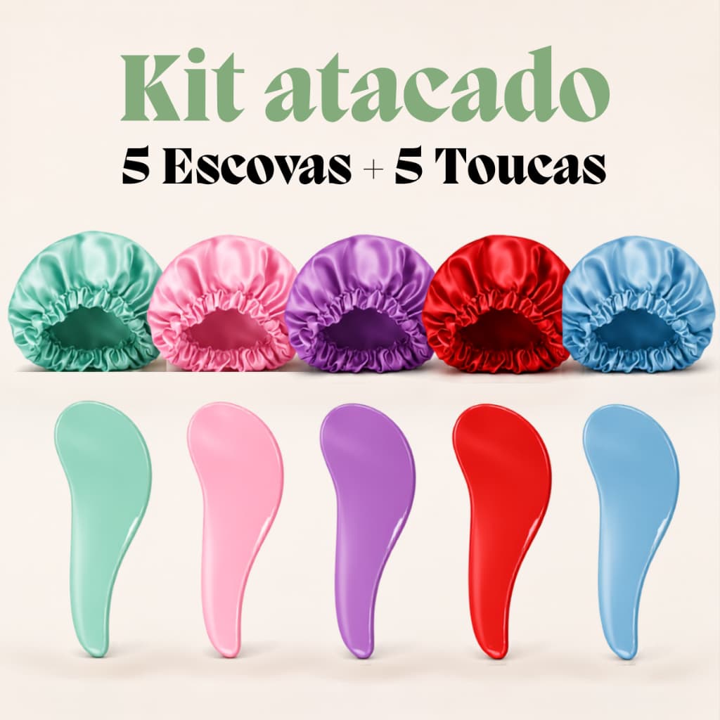 Kit 5 Toucas De Cetim Anti Frizz + 5 Escovas Desembaraçantes Cabelo Cacheado Atacado Salão Revenda